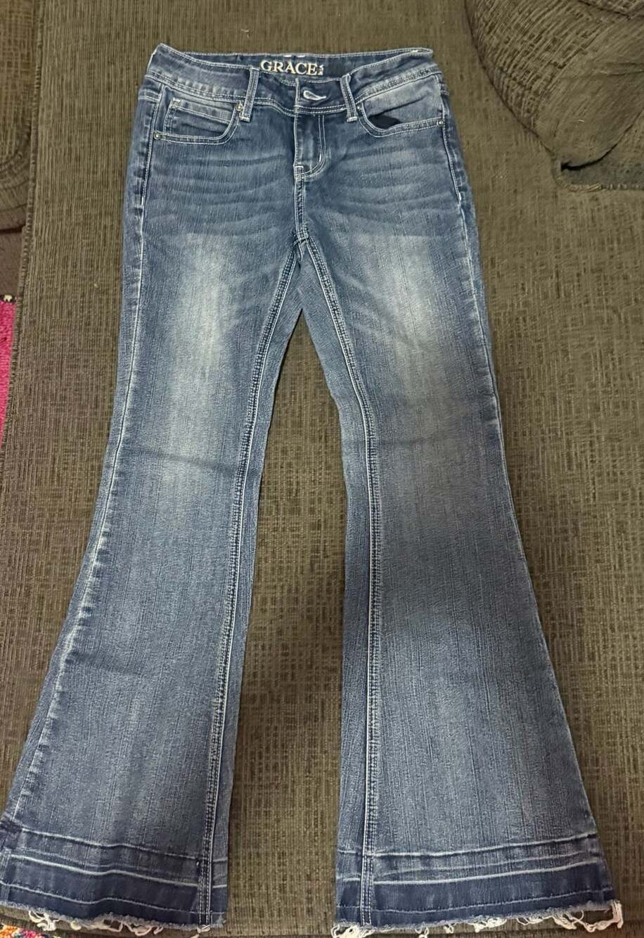 Grace in LA Girls Size 14 Mid-Rise Medium Wash Flare Bootcut Jeans with Raw Hem